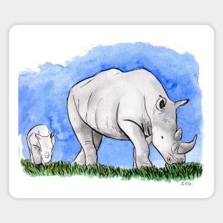 Rhinoceros with baby calf watercolor and ink illustration Sticker